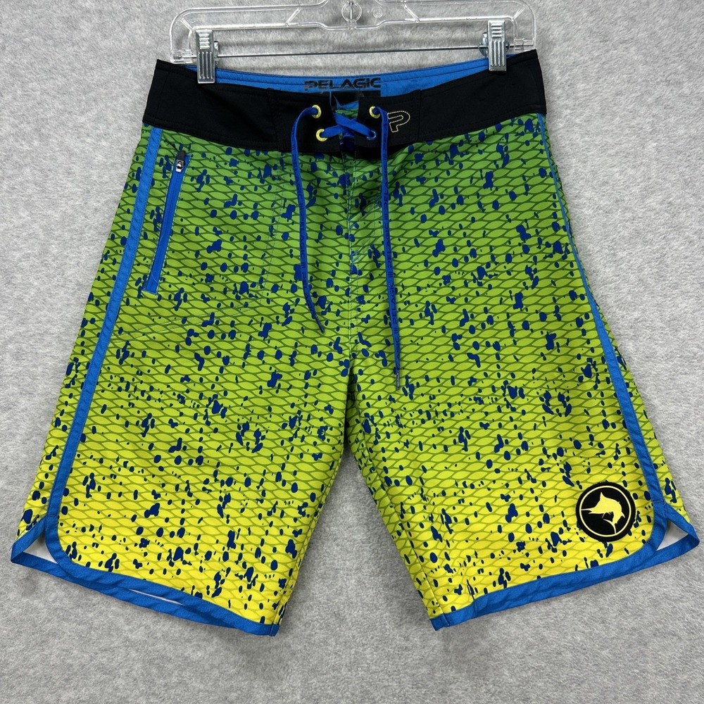 Pelagic Board Shorts‎ Youth Boys 29 Blue Green Fishing Surf Performance Stretch